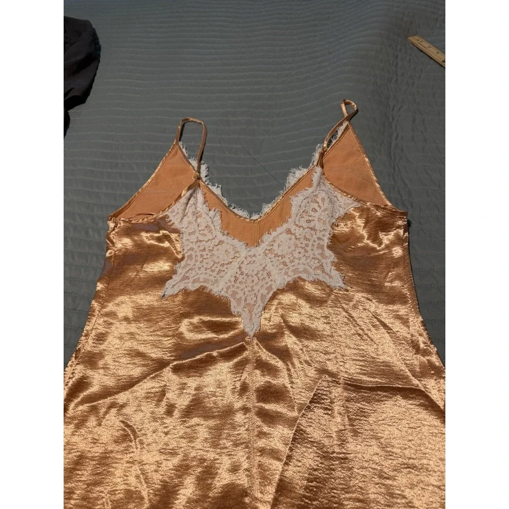Free People Still The One Satin Lace Mini Slip Dress Toasted Combo Bronze Large